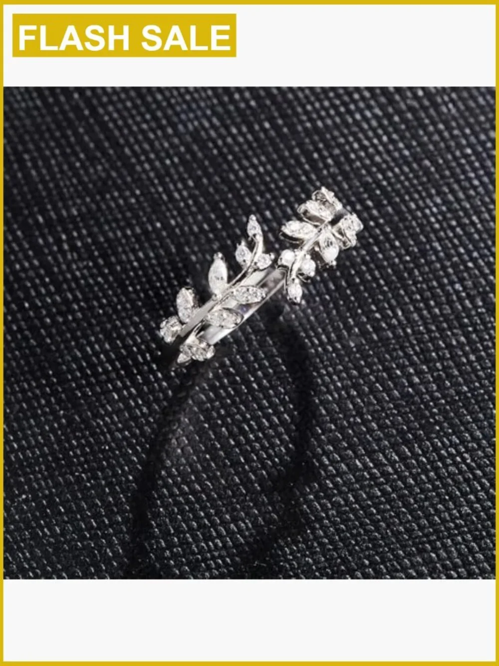 Adjustable Sterling Silver Leaf Ring Stackable Cubic Zirconia Open Ring